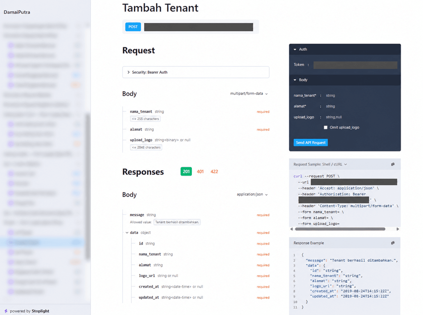 Sanitized API documentation evidence from Damai Putra
